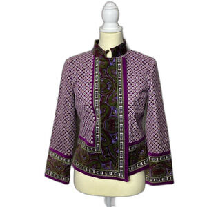 Isaac Mizrahi Purple Paisley Printed Standing Collar Velvet Blazer Women's Small